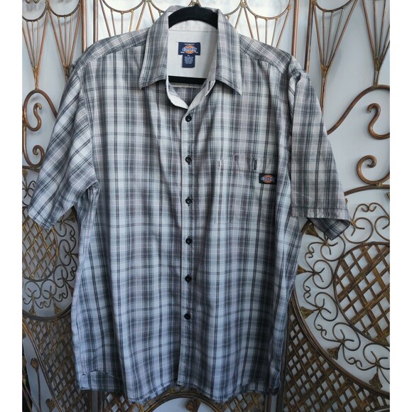 Authentic Dickies Mens Plaid Button Up Short‎ Sleeve Shirt Cotton Gray Size XL - Picture 1 of 11